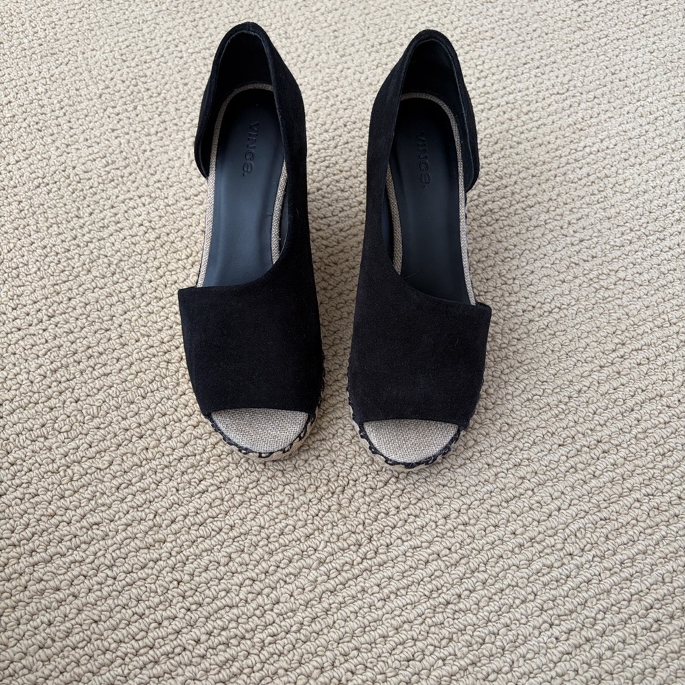 Vince Sonora Black Suede Peep-Toe Wedge Espadrille Sandals